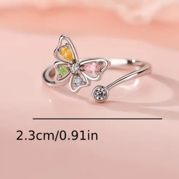 925 Sterling Silver Plated Alloy Adjustable Butterfly Ring CZ Rhinestones - Picture 6 of 7